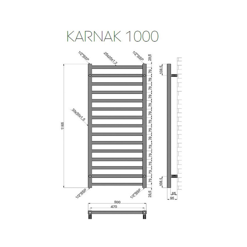 Σώμα Λουτρού(Πετσετοκρεμάστρα) KARAG Karnak 1000/500 Ίσιο Μαύρο 500x1000mm